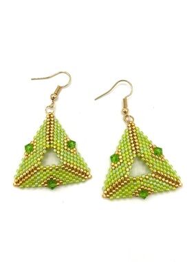 Hand Crafted Green and Gold Triangle Seed Bead Earrings - Women Jewelry